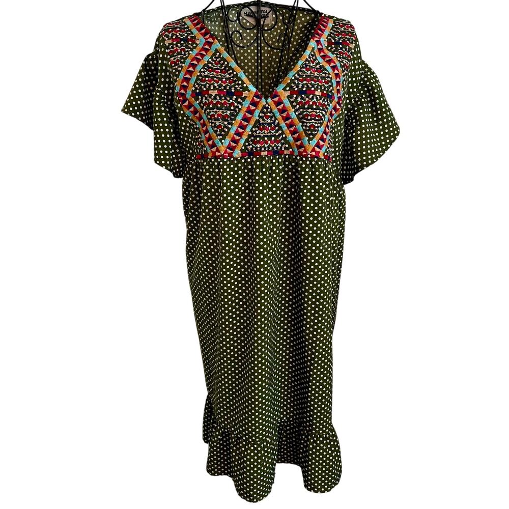 Savannah Jane Breaking New Ground Green Polka Dot Embroidered Caftan Dress 3X